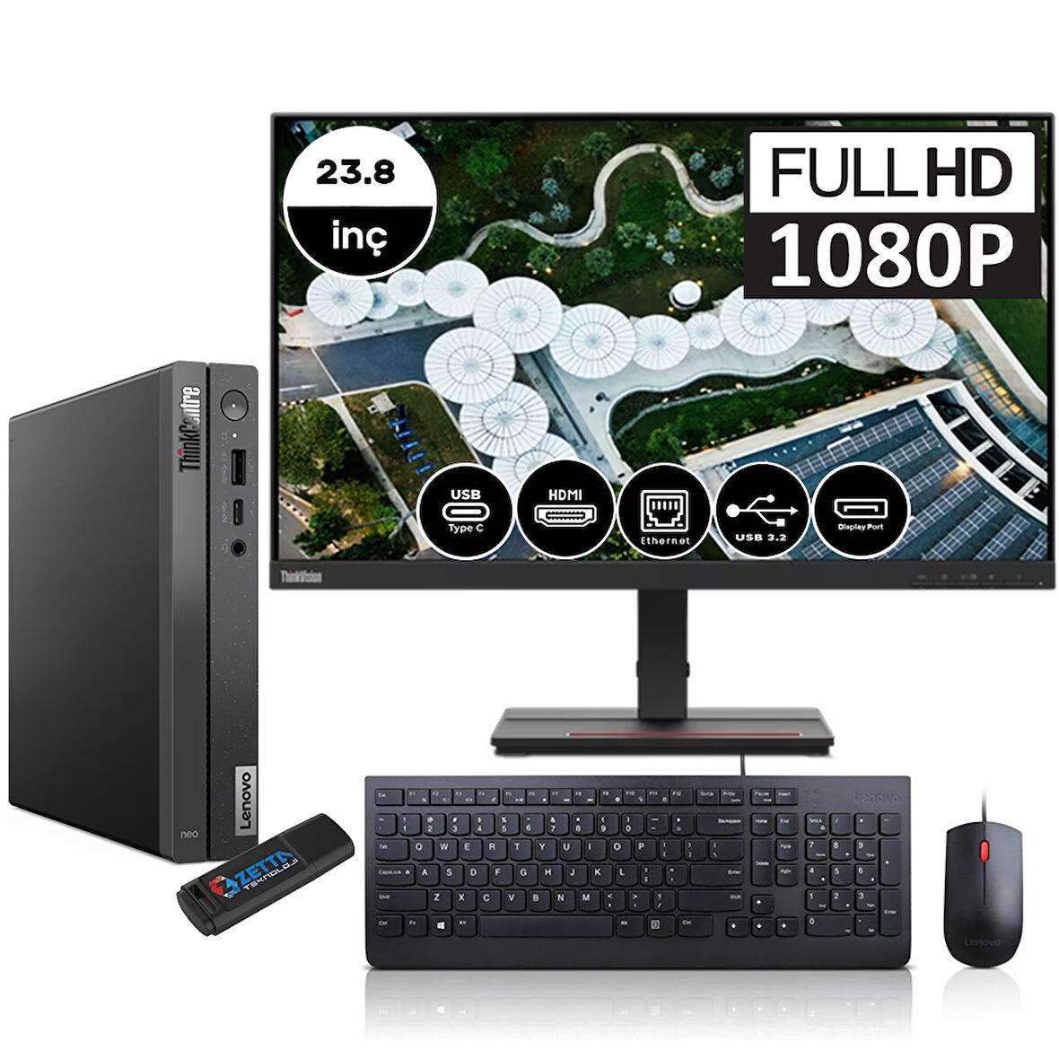 Lenovo Thinkcentre Neo 50Q Gen 4 Intel Core I5-13420H 16GB 1tb SSD Freedos 23.8" Masaüstü Bilgisayar 12LN0048TRMF02 + Zetta Flash Bellek