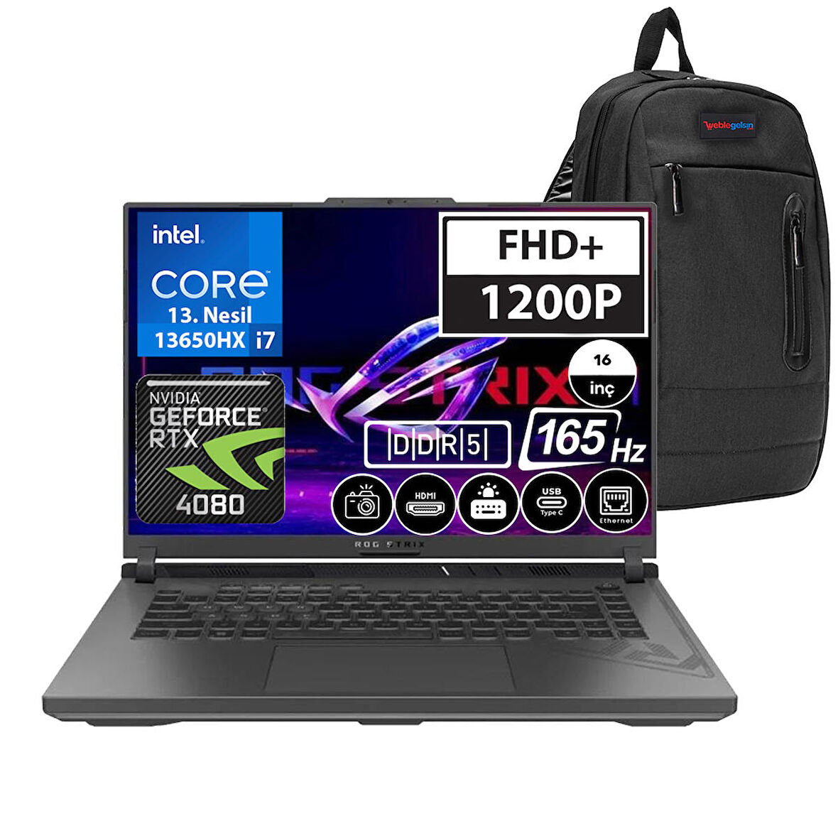 Asus Rog Strix G16 G614JZ-N3038-W Intel Core I7 13650HX 16GB Ram 2TB SSD 12GB RTX4080 16" Fhd+ 165Hz Freedos Taşınabilir Bilgisayar N3038-02 + Zetta Çanta