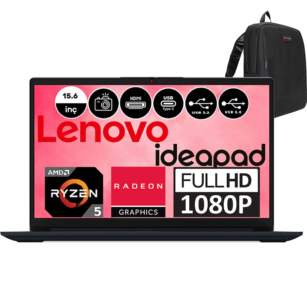 Lenovo Ideapad 1 15ALC7 Amd Ryzen 5 5500U 12GB 1tb SSD Windows 11 Home 15.6" Fullhd Taşınabilir Bilgisayar Koyu Mavi 82R400LYTXH08 + Zetta Çanta