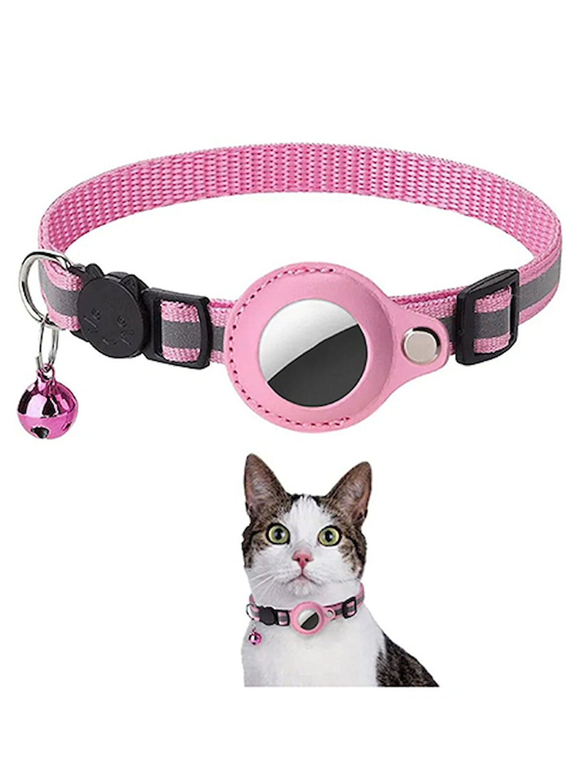 Airtag Uyumlu  Tutucu Özellikli Kedi Tasması ( Pembe )