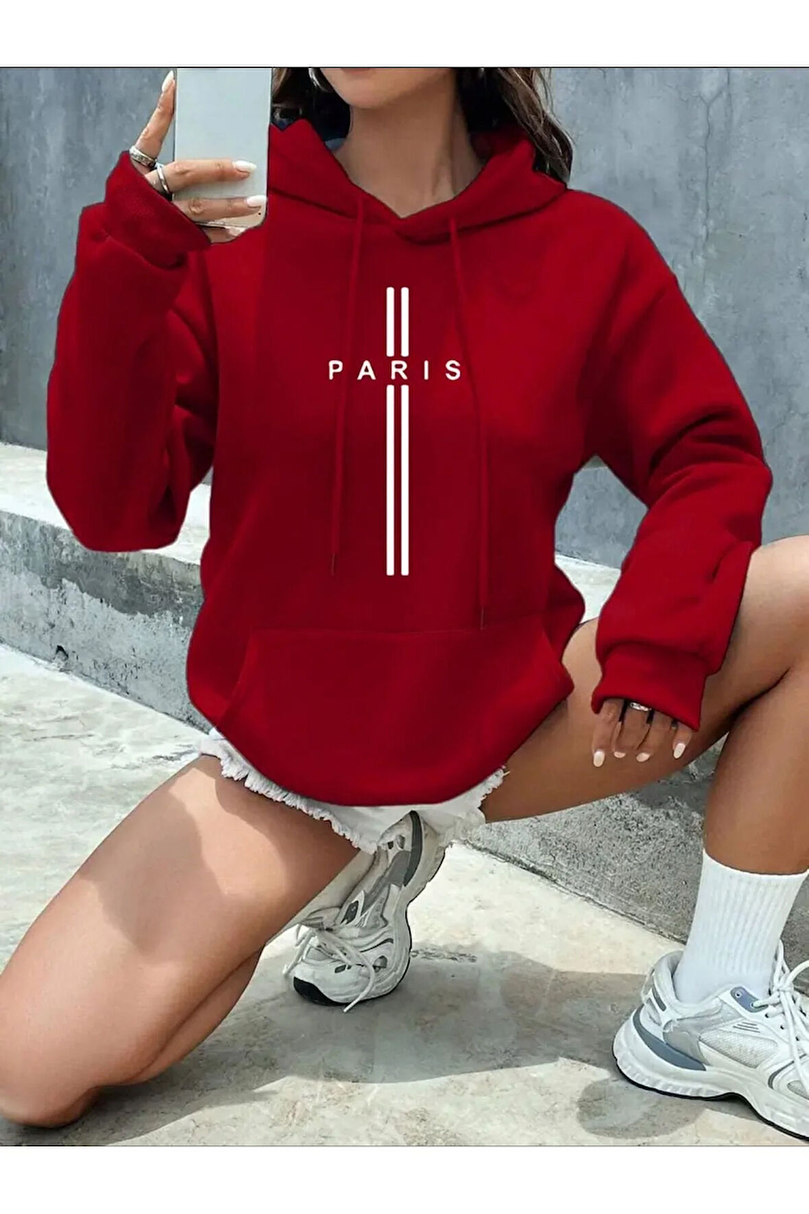 Paris Dikey Kapüşonlu Cepli Sweatshirt