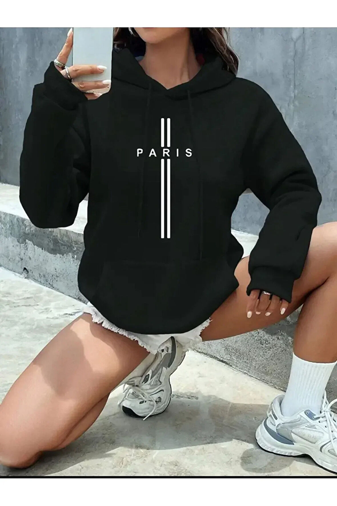 Paris Dikey Kapüşonlu Cepli Sweatshirt