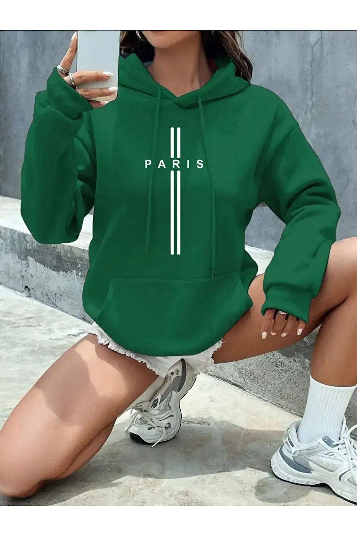 Paris Dikey Kapüşonlu Cepli Sweatshirt