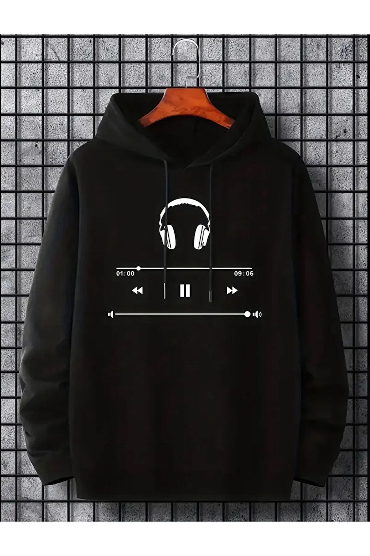 Kulaklık Baskılı Kapüşonlu Cepli Sweatshirt