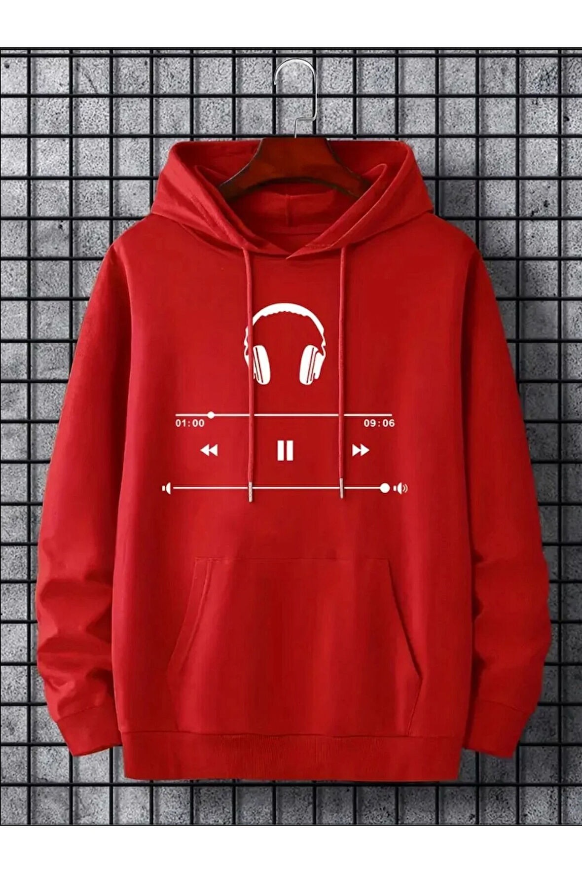 Kulaklık Baskılı Kapüşonlu Cepli Sweatshirt