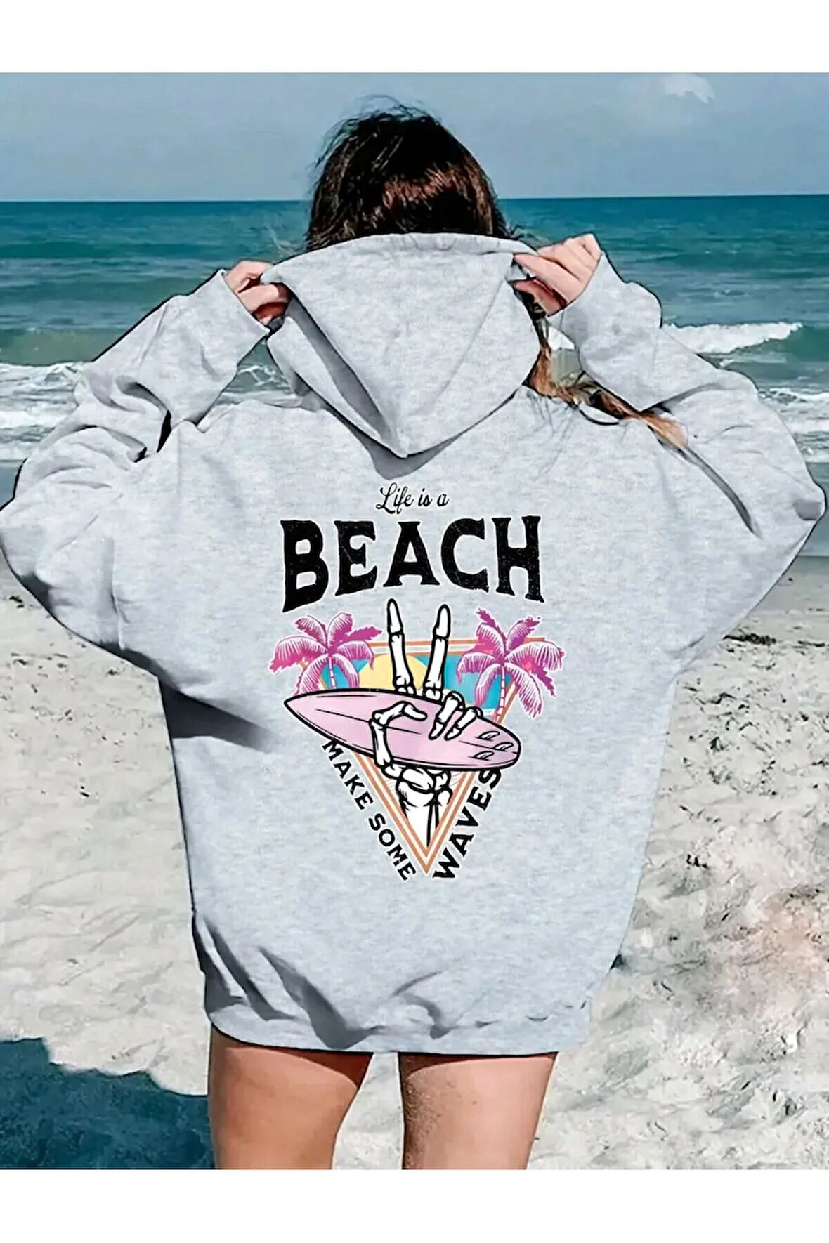 Beach Baskılı 2 iplik Yünlü Sweatshirt