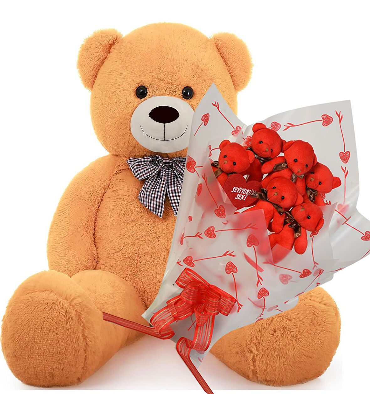 Sevimli 90 cm Peluş Ayı ile Premium Yumoş Kırmızı Peluş Ayıcık Buketi