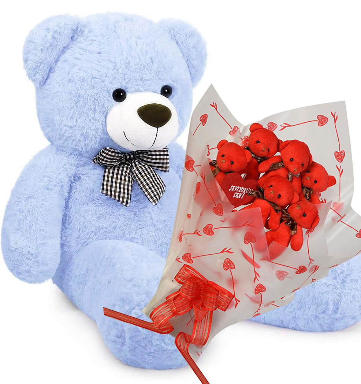 Sevimli 90 cm Peluş Ayı ile Premium Yumoş Kırmızı Peluş Ayıcık Buketi