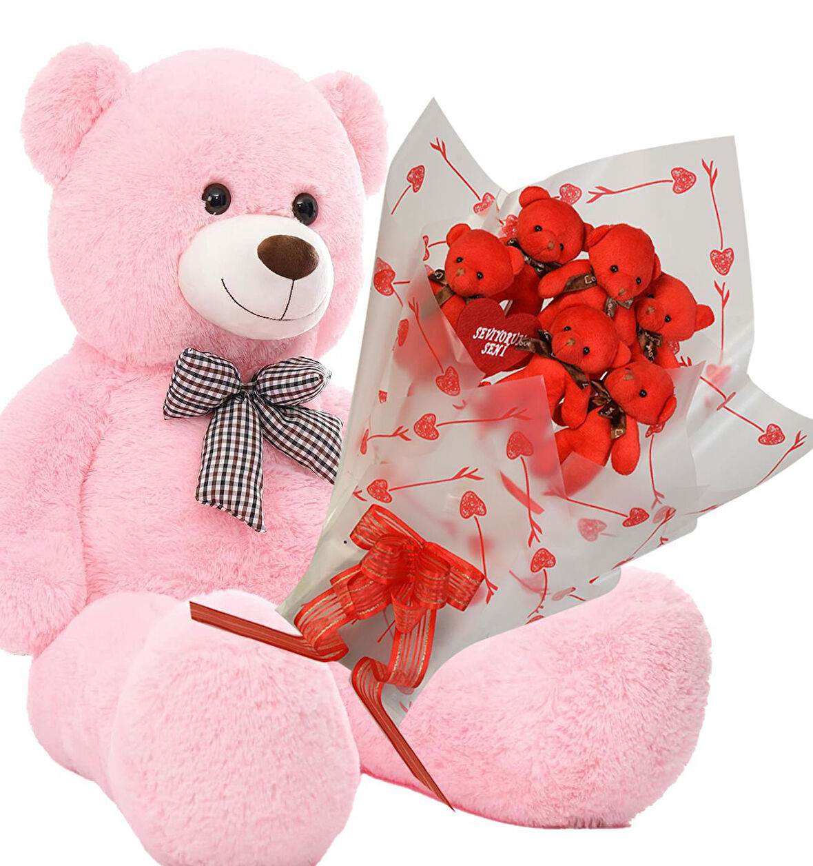 Sevimli 90 cm Peluş Ayı ile Premium Yumoş Kırmızı Peluş Ayıcık Buketi