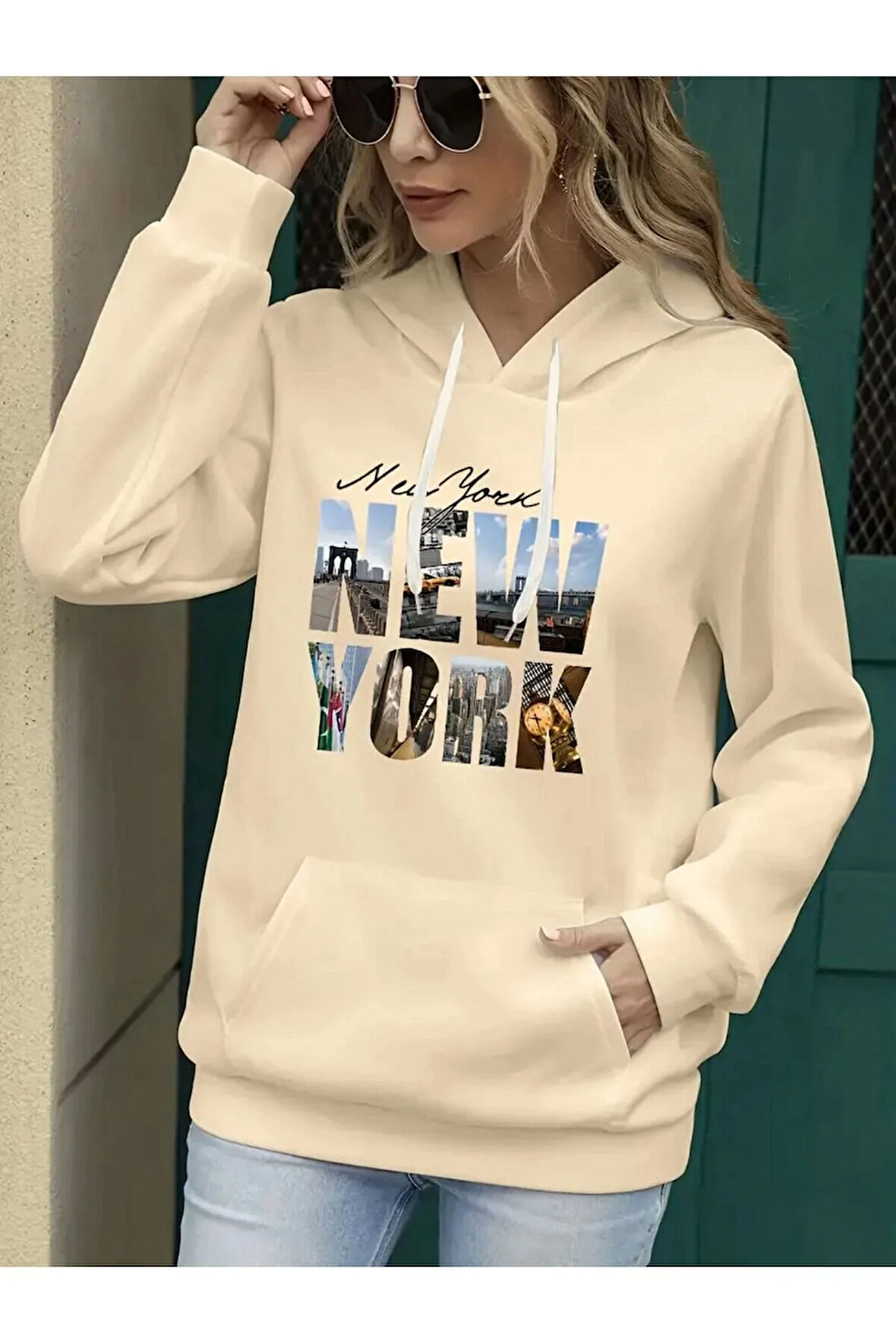 Newyork Baskılı  Cepli Kapüşonlu Sweatshirt