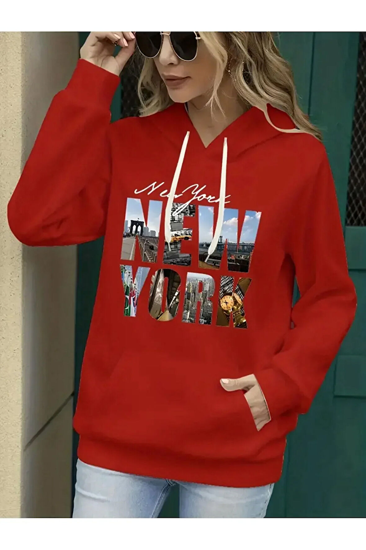 Newyork Baskılı  Cepli Kapüşonlu Sweatshirt
