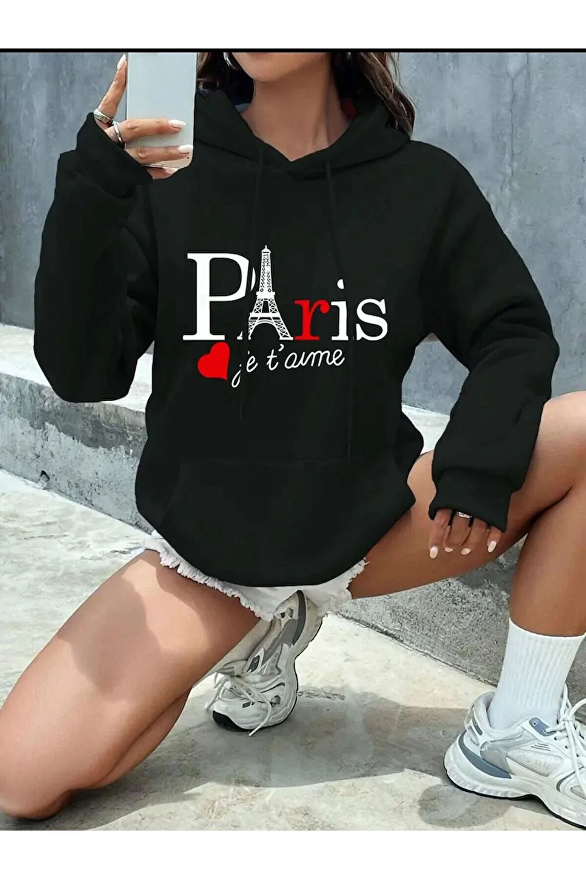 Paris Jet Avme Baskılı Kapüşonlu Cepli Sweatshirt
