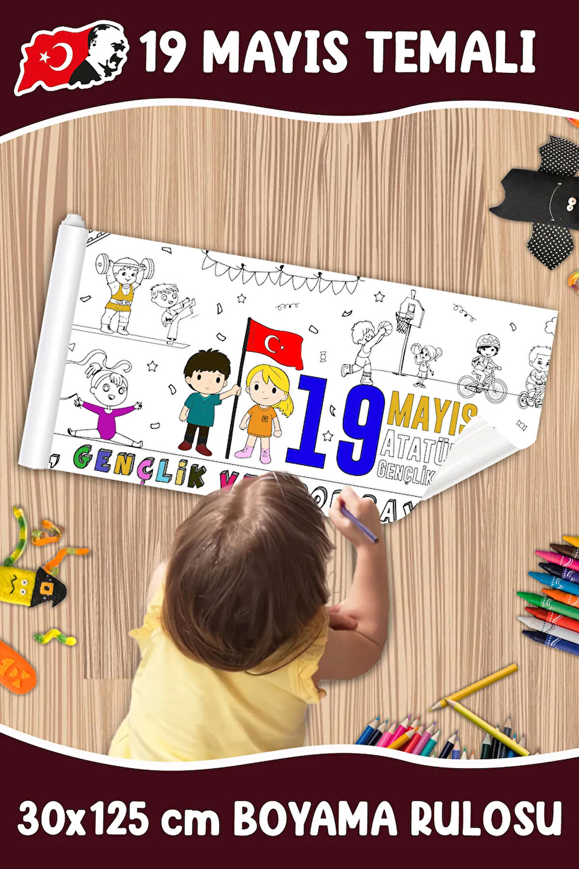 19 Mayıs Atatürk'ü Anma ve Gençlik Bayramı Temalı Boyama Rulosu 30x125 CM