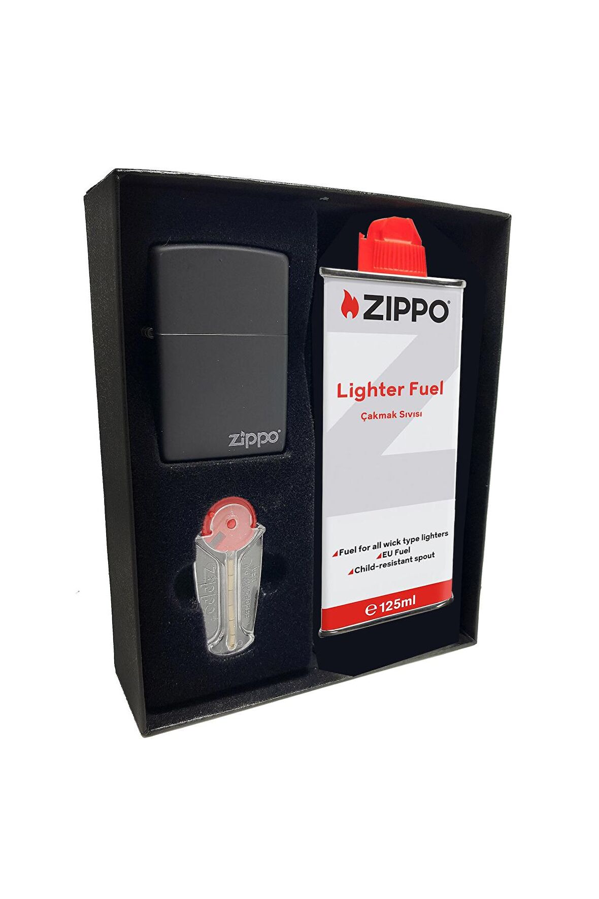 Zippo Çakmak Mat Siyah Hediyelik Kutu Benzin Taş Set du10-067277