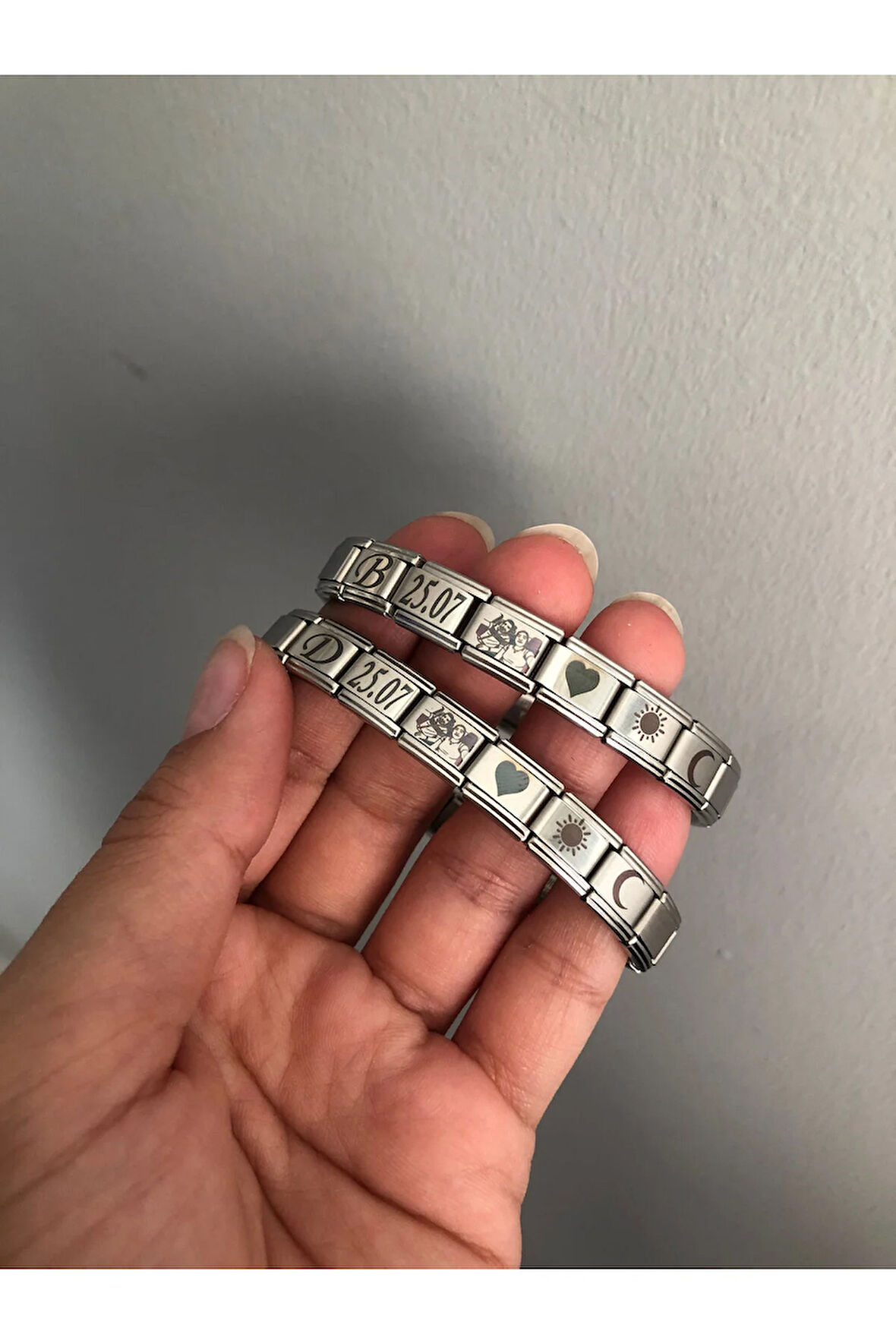 İtalyan Charm Çelik Bileklik 6 adet İstediğini Yazdır Fotoğraf Tarih Harf 2 li Sevgili Bileklik