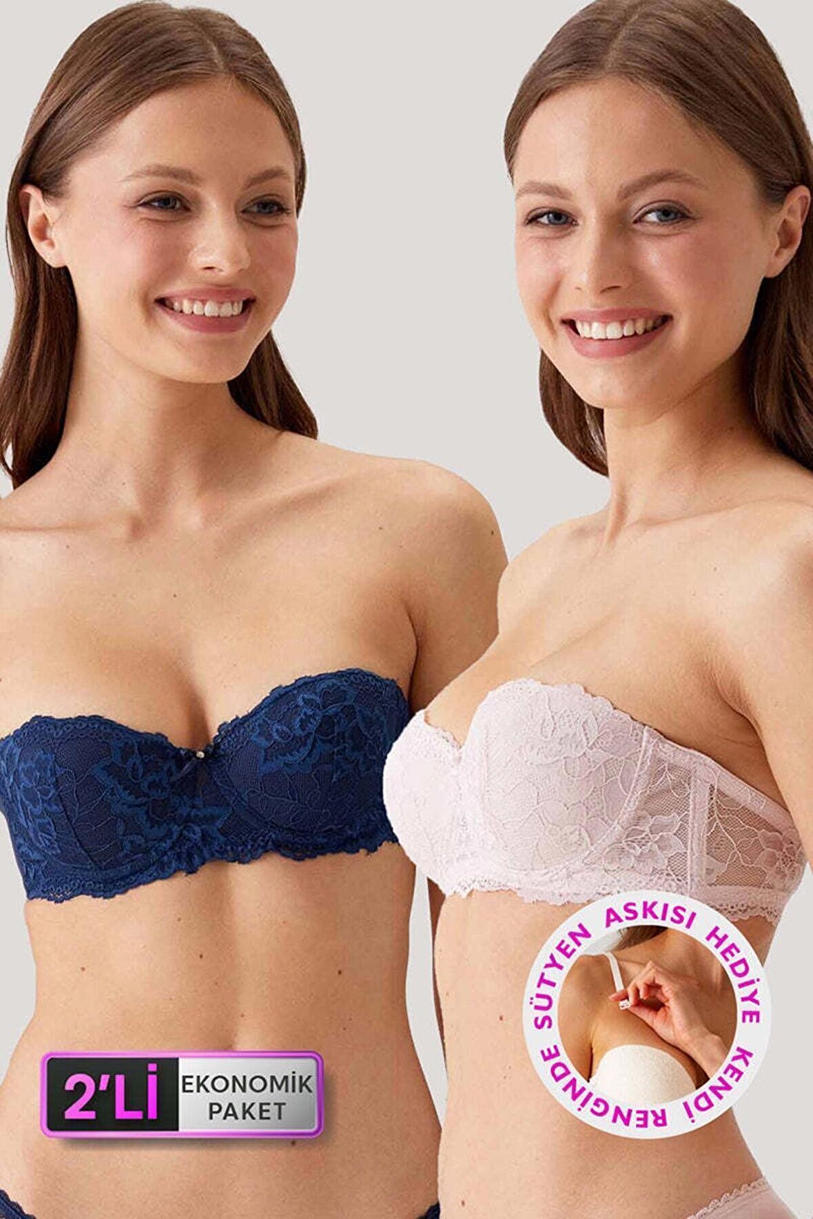 2'li Ekonomik Paket Lacivert - Pudra 6203-2 Balenli Destekli Straplez Dantelli Sütyen Set