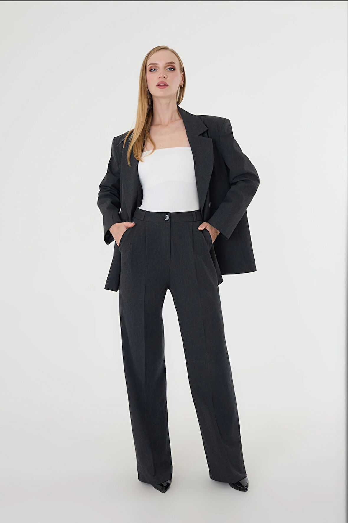 Kadın Siyah Poliviskon Blazer Ceket Pantolon Takım
