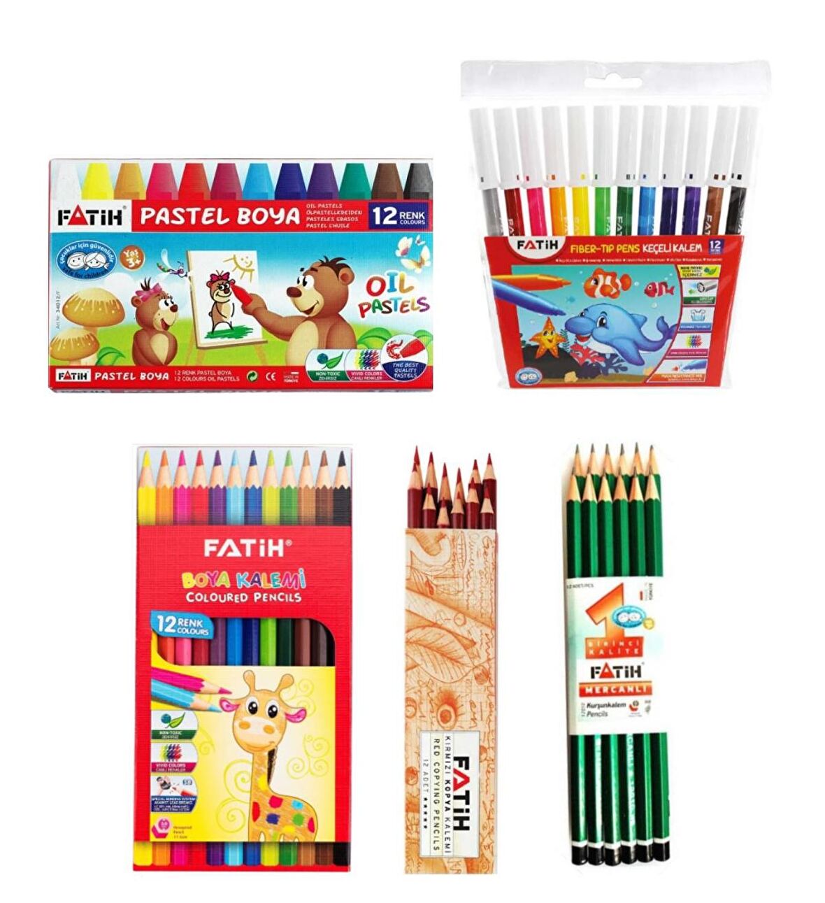 Fatih 5 li Okul Seti (12 li Pastel + Keçeli + Kuru Boya + Kurşun Kalem + Kırmızı Kalem)