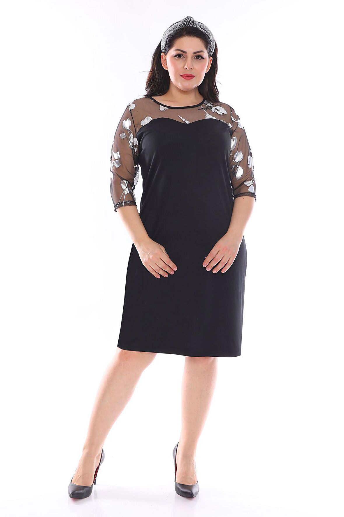 Gümüş Desenli Tüllü Büyük Beden Elbise 1C-0984