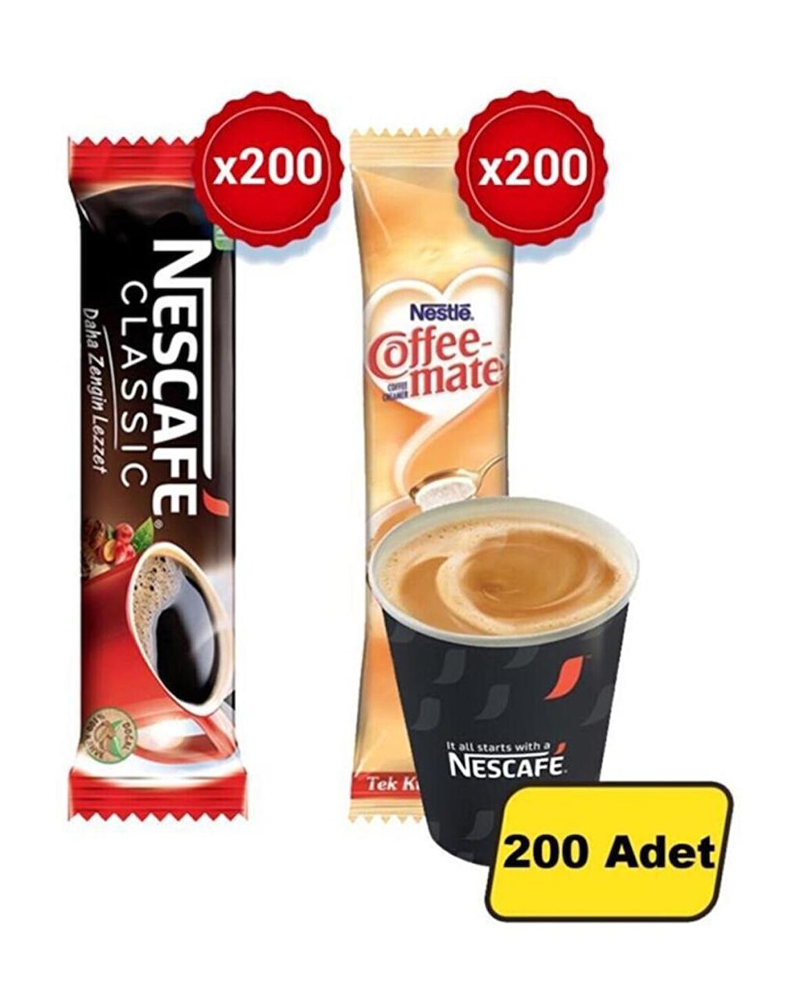 Nescafe Classic 2 gr 200'lü Hazır Kahve + Nestle Coffee Mate 5 gr 200'lü Süt Tozu + 200'lü Karton Bardak