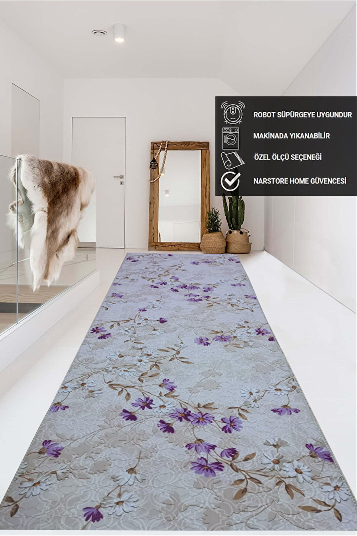 Elit Lila Kahve Çiçekli Kabartmalı Kaymaz Taban Yıkanabilir Kesme Yolluk Halı