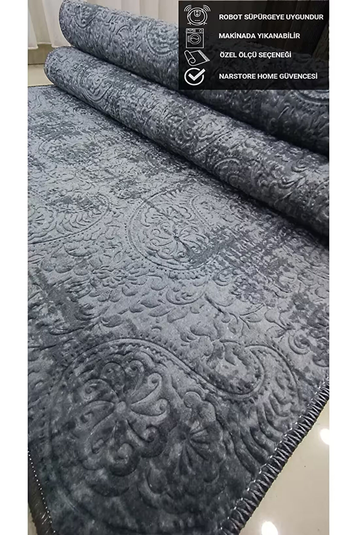 Dinarsu Nevra Asos Antrasit Kaymaz Taban Kesme Halı Yolluk