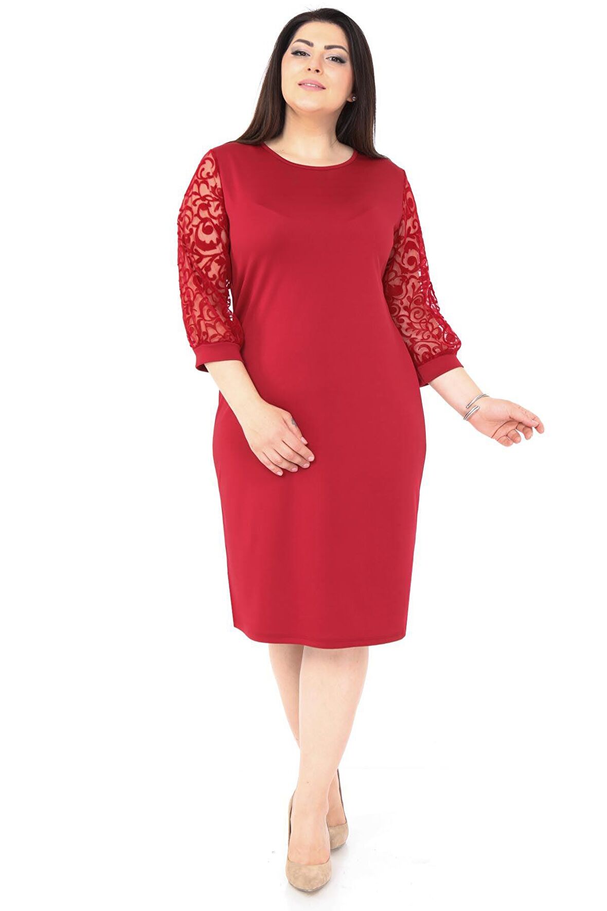 Bordo Flok Kol Büyük Beden Elbise 1E-1039