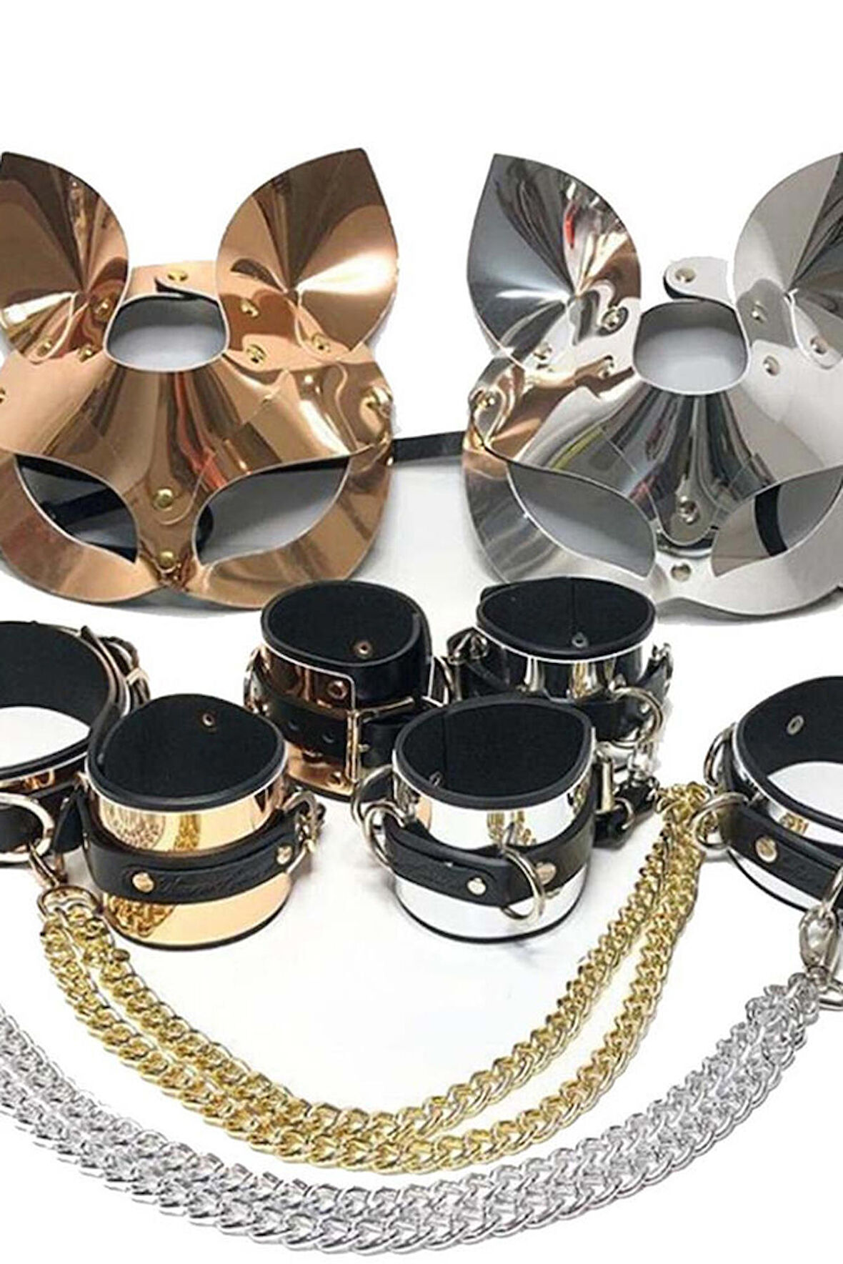 Kadın Kedi Maske Kelepçe Zincir Fantezi Aksesuar - Gold - Tek Ebat