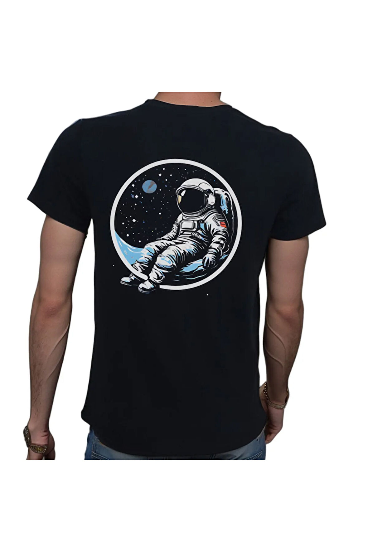 Man On The Moon T-shirt %100 Pamuklu Siyah Penye Basic Erkek Tişört