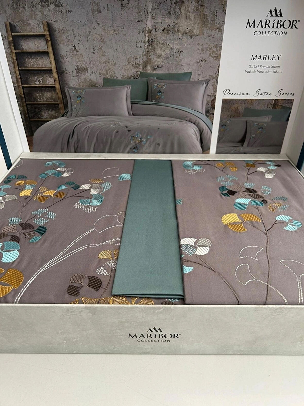 Maribor Collection Marley - %100 Pamuk Saten Nakışlı Nevresim Takımı - Gri
