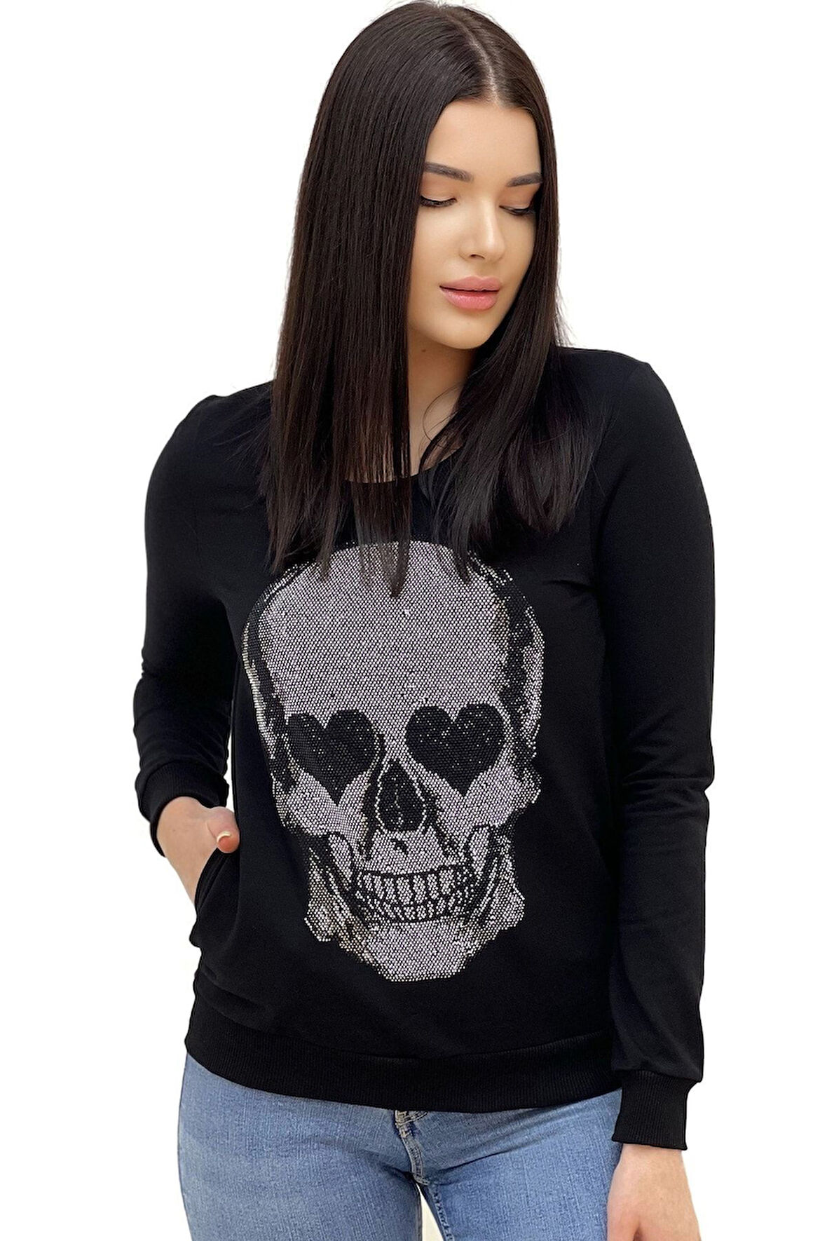 Kurukafa Crystal Taşlı Üç Iplik Pamuk Siyah Rahat Büyük Beden Kadın Sweatshirt
