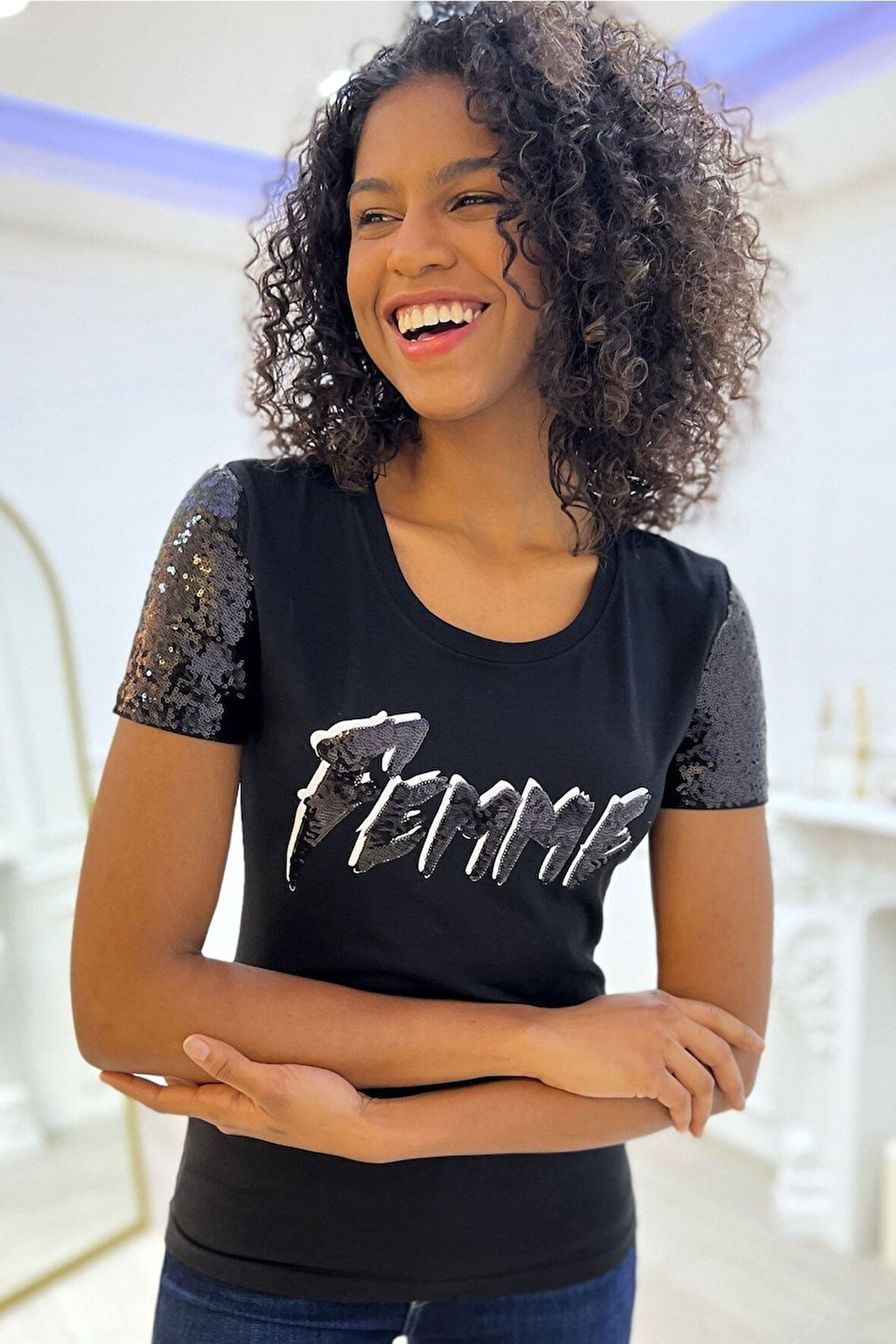Payetli Femme Yazılı Bisiklet Yaka Kısa Kol Pamuk Kadın T-shirt