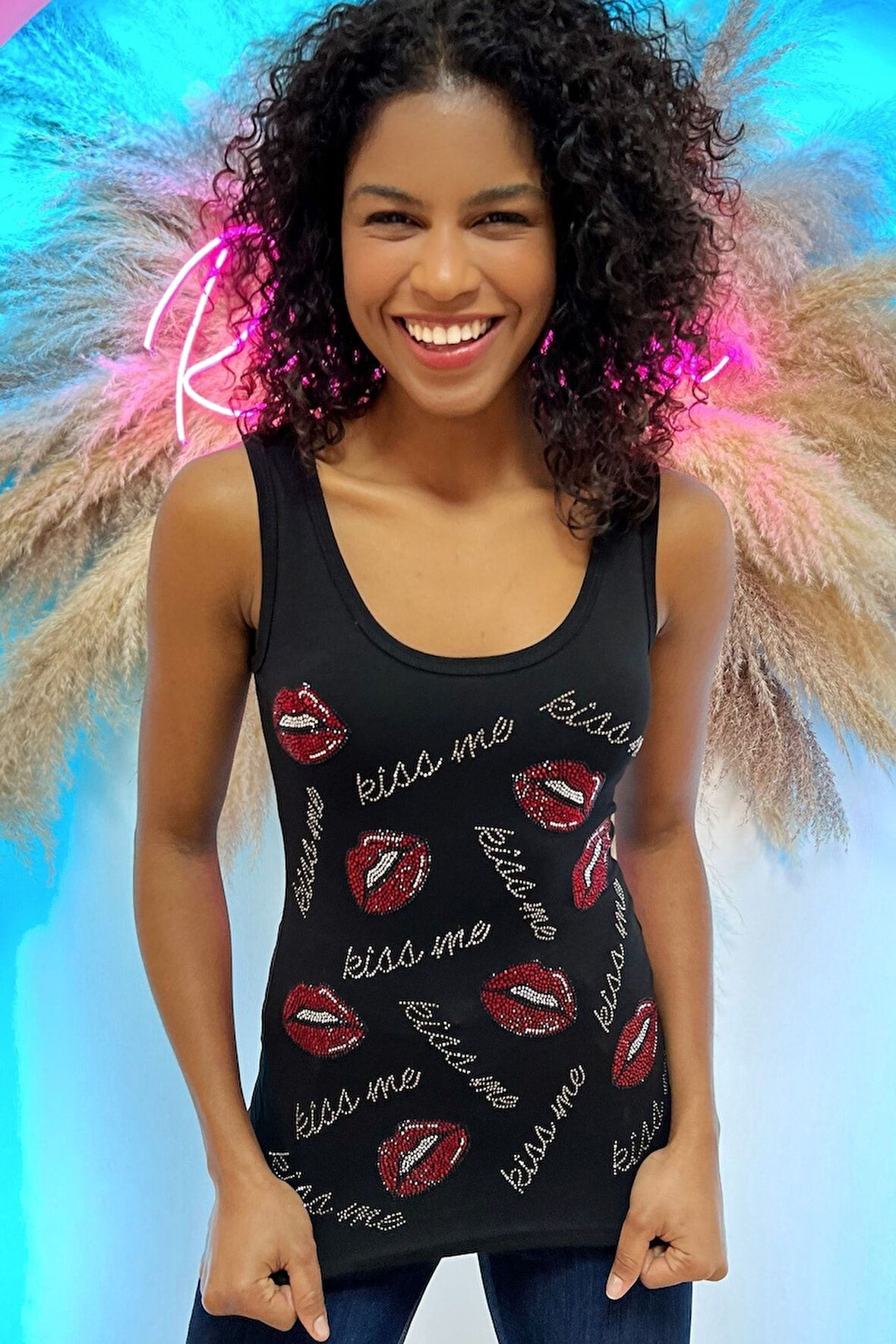 Dar Kesim / Slim Fit Crystal Taş Dudak Baskılı Pamuk Kolsuz Kadın Atlet