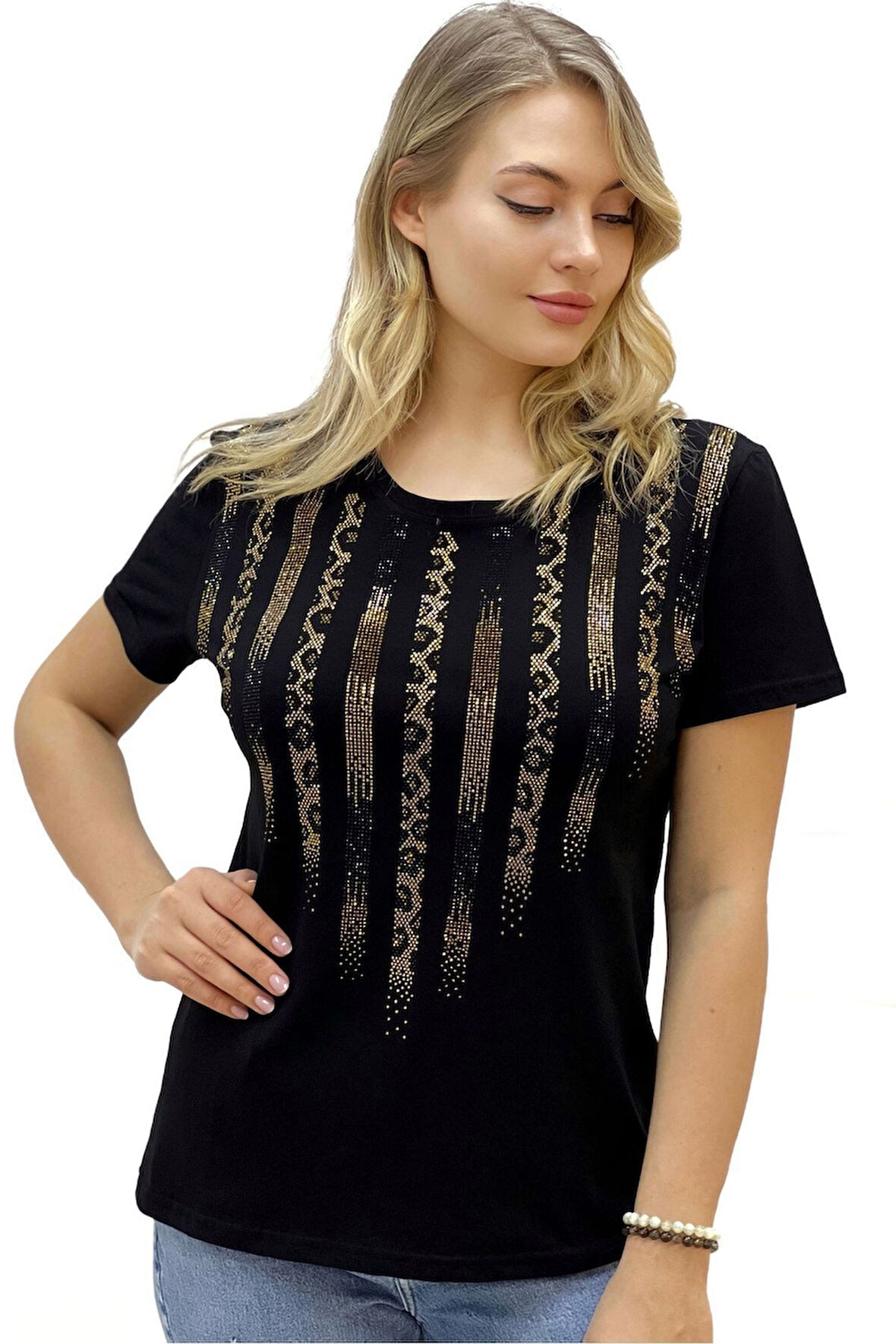 Leopar Crystal Taşlı Kısa Kol Bisiklet Yaka Büyük Beden Plus Size Pamuk Beyaz Kadın T-shirt