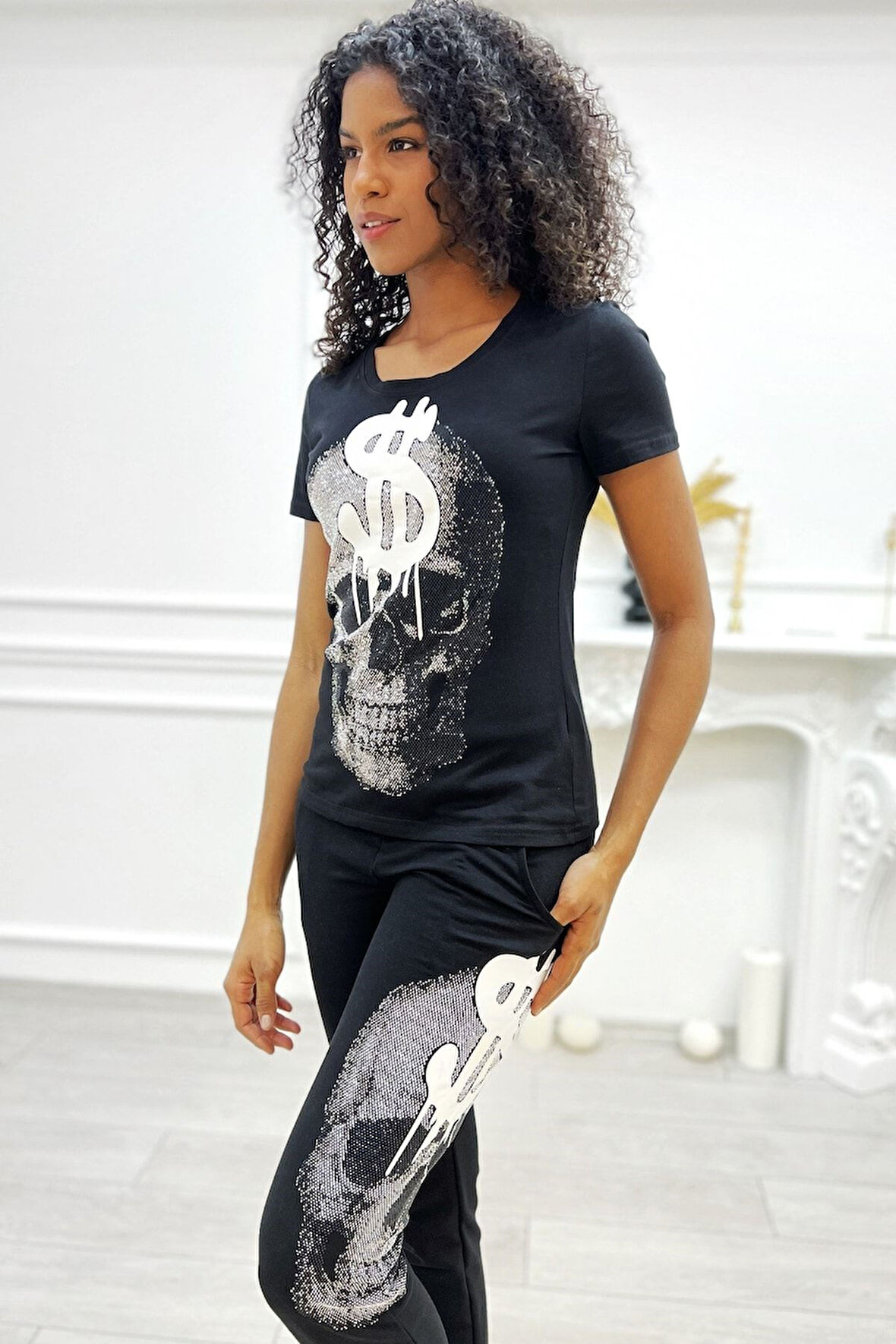 Kurukafa Crystal Taşlı T-shirt Ve Eşofman Altı Kadın 2li Takım