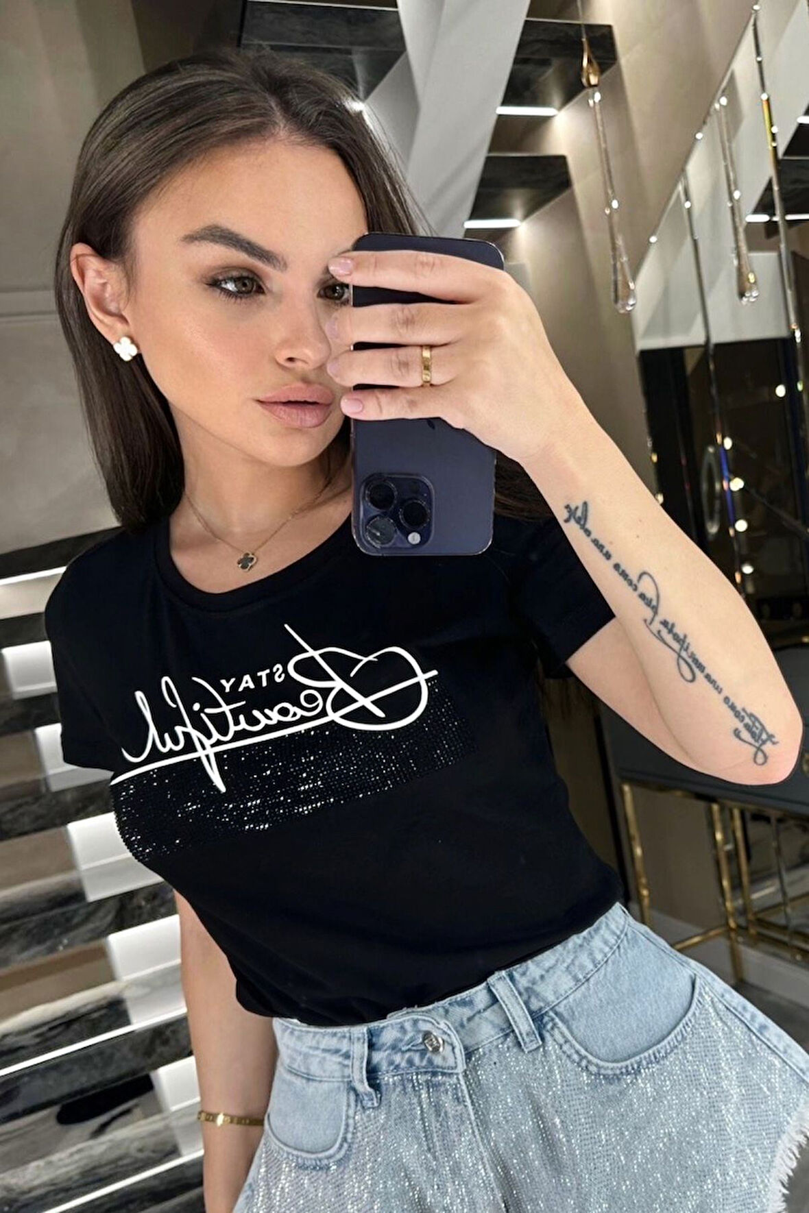 Büyük Beden Beautiful Yazılı Crystal Taşlı Kısa Kol Bisiklet Yaka Şık Pamuk Siyah Kadın T-shirt