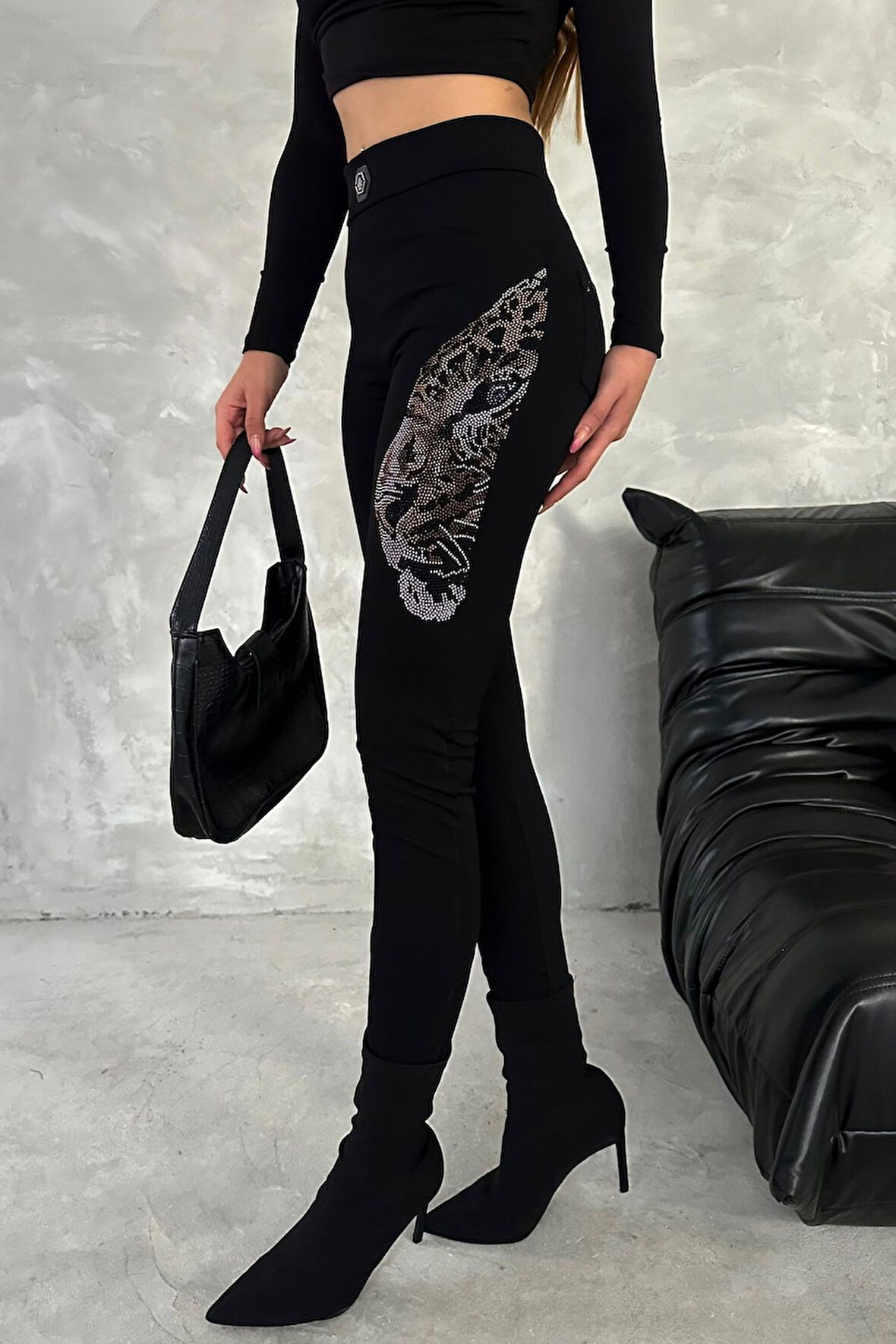 Toparlayıcı Çelik Kumaş Leopar Crystal Taşlı Likralı Kalın Kadın Tayt Pantalon
