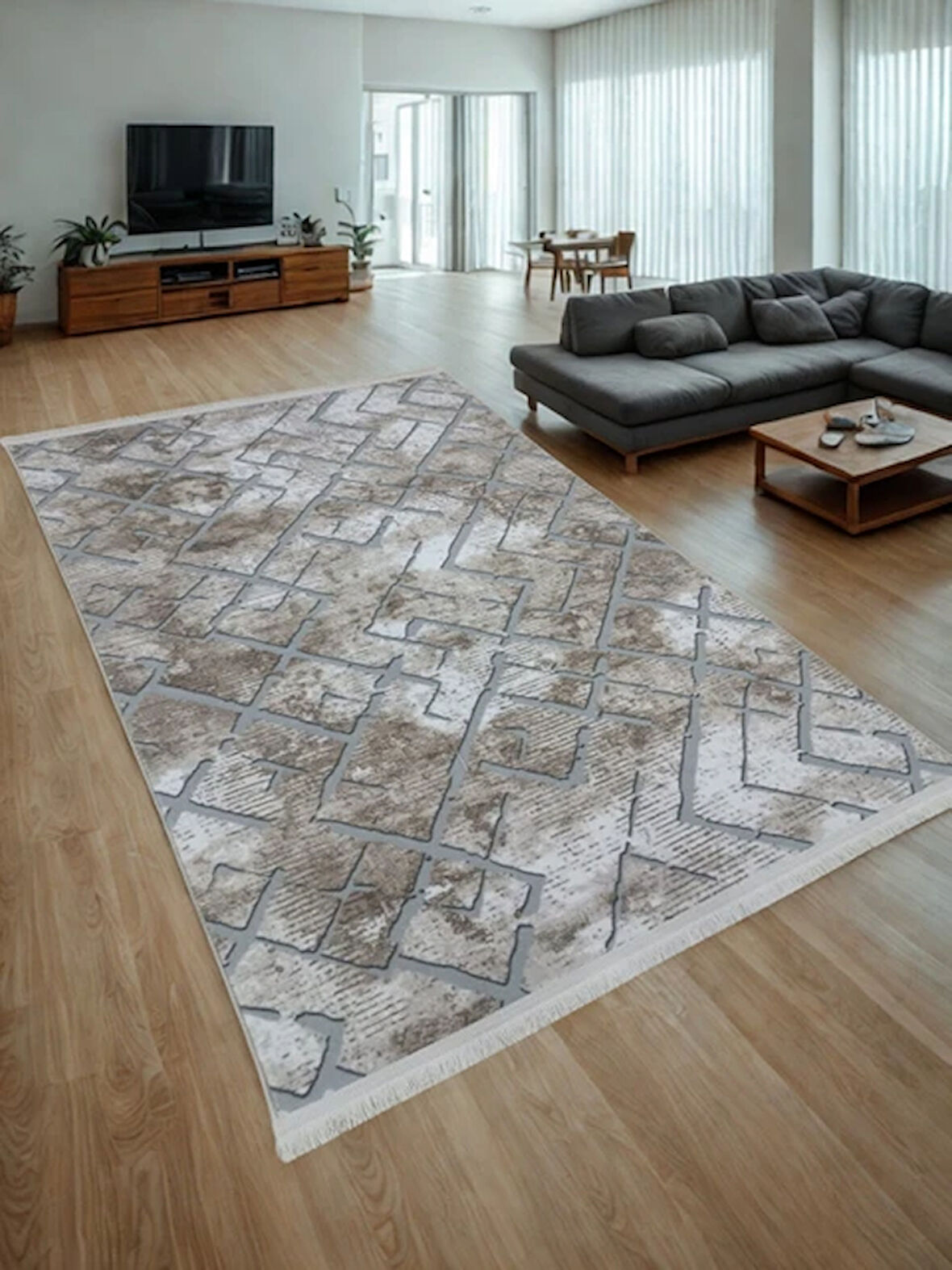 Gri Kahve Saçaklı Kaymaz Taban Yıkanabilir Kesme Yolluk Salon Mutfak Oturma Odası Halı