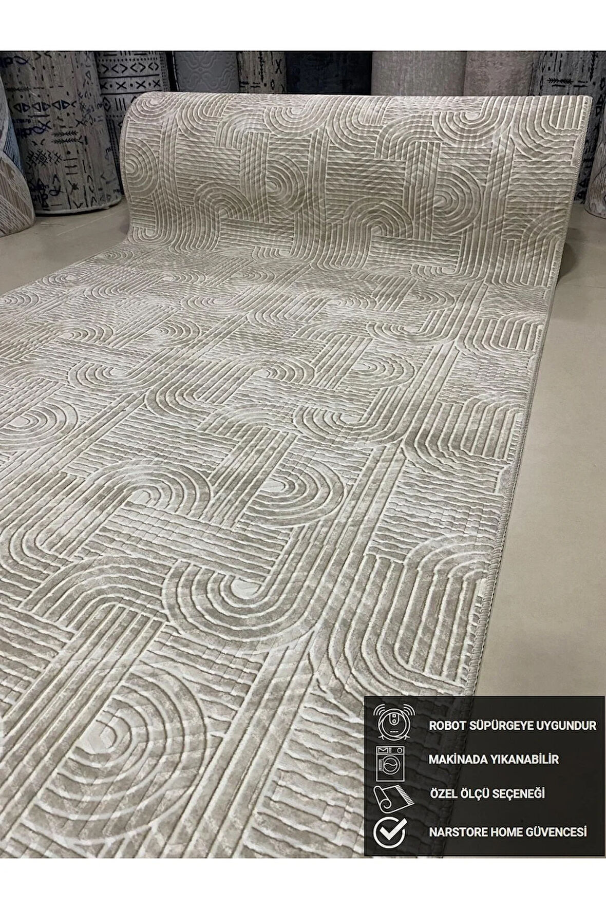 Elit Rölyef Krem Beyaz Kabartmalı Kaymaz Taban Yıkanabilir Kesme Yolluk Halı