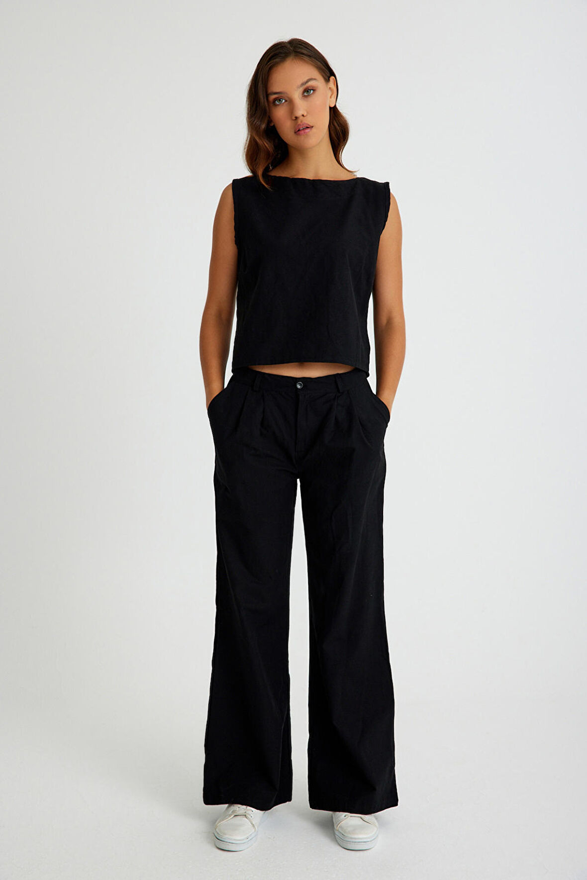 Toridas Keten Günlük Rahat  Kolsuz  Alt Üst Kadın Takım LN08siyah6