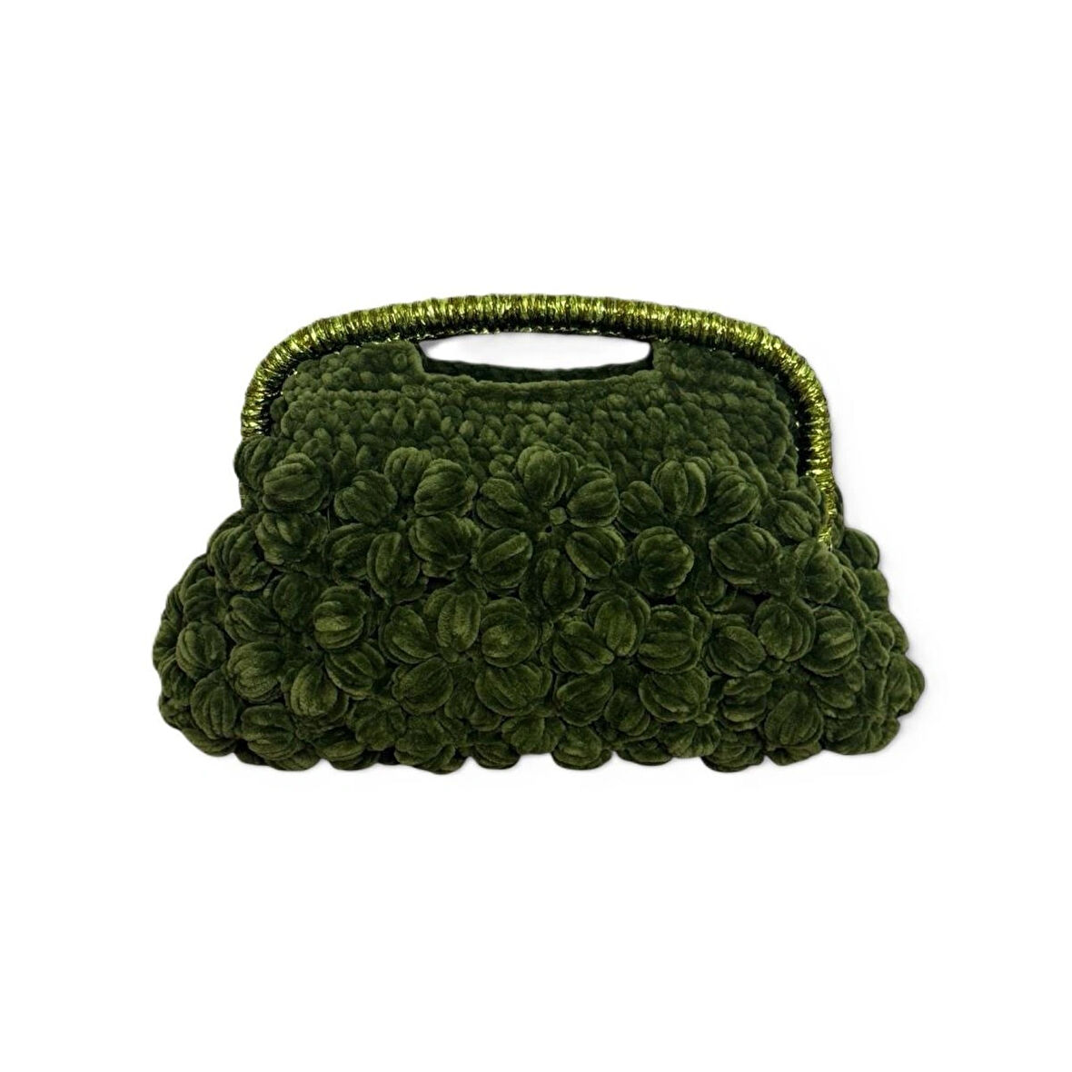 El Yapımı Yeşil Çiçekli Kadife Tığ İşi Tasarımcı Çantası – Benzersiz ve Gösterişli Bir Parça