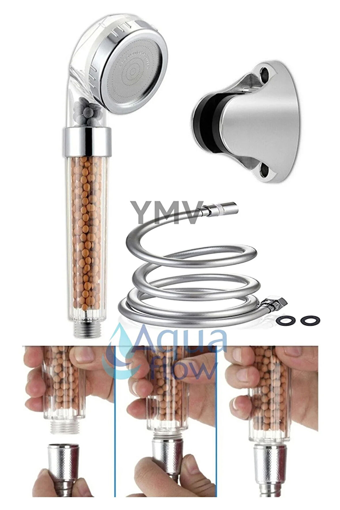 Tasarruflu Tazyikli Boncuklu Duş Başlığı Pvc Patlamaz Duş Banyo Hortumu Seti 3Lü Set