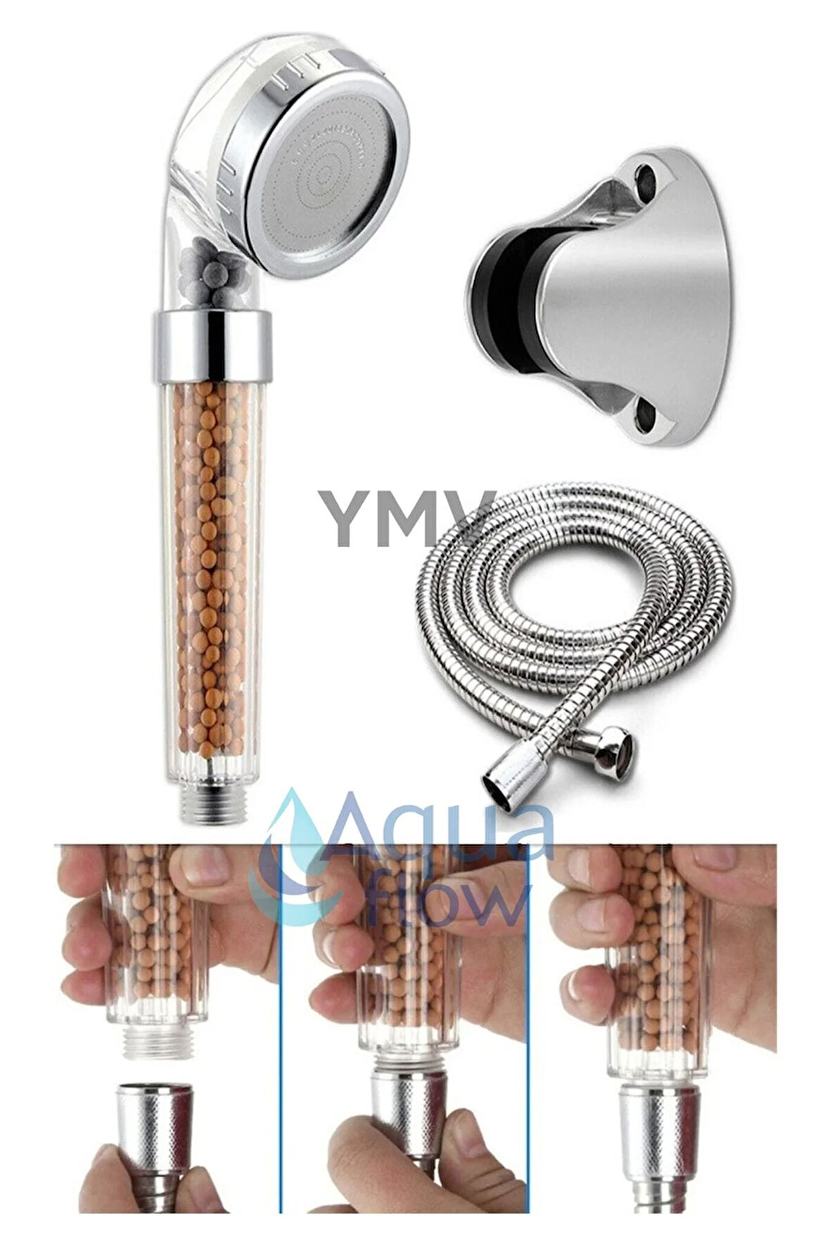Boncuklu Su Tasarruflu Duş Başlığı Çelik Duş Hortumu Seti 3Lü Set
