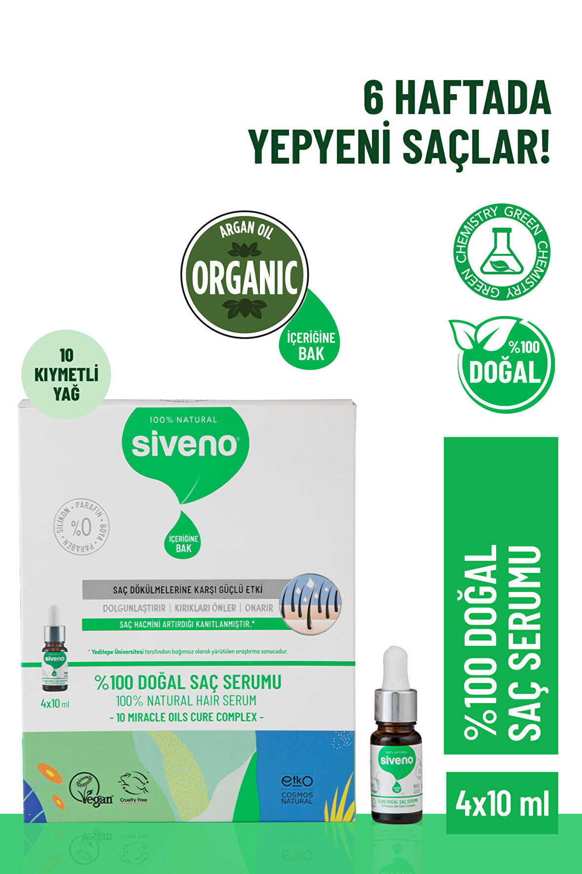 Siveno %100 Doğal Onarıcı Yoğunlaştırıcı Bakım Serumu Bitkisel Yıpranmış Ve Dökülen Saçlara Özel 4x10 ml