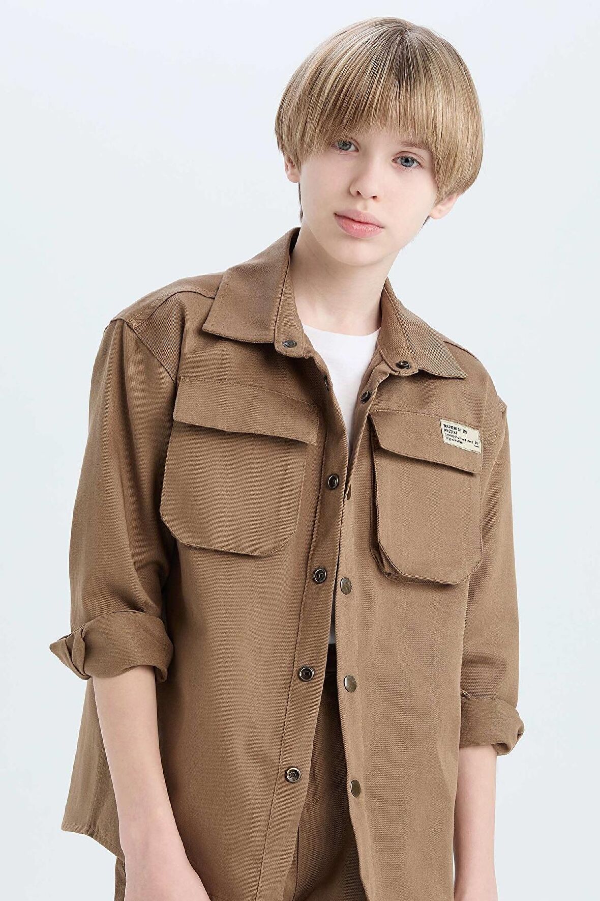 Erkek Çocuk Oversize Geniş Kalıp Polo Yaka Gabardin Uzun Kollu Gömlek