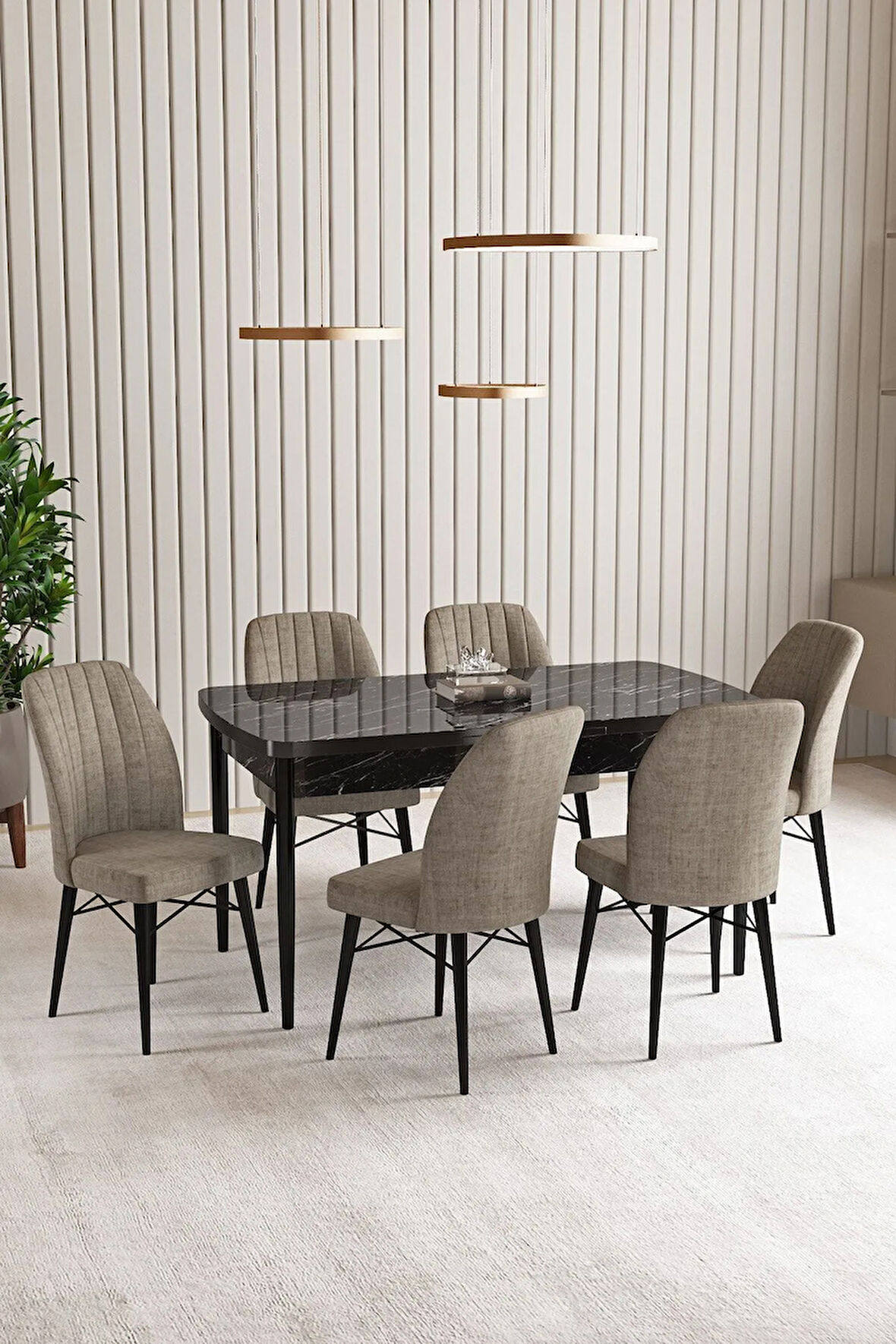 Vien Siyah Mermer Desen 80 X 132 Açılabilir MDF Mutfak Masası 6  Sandalye