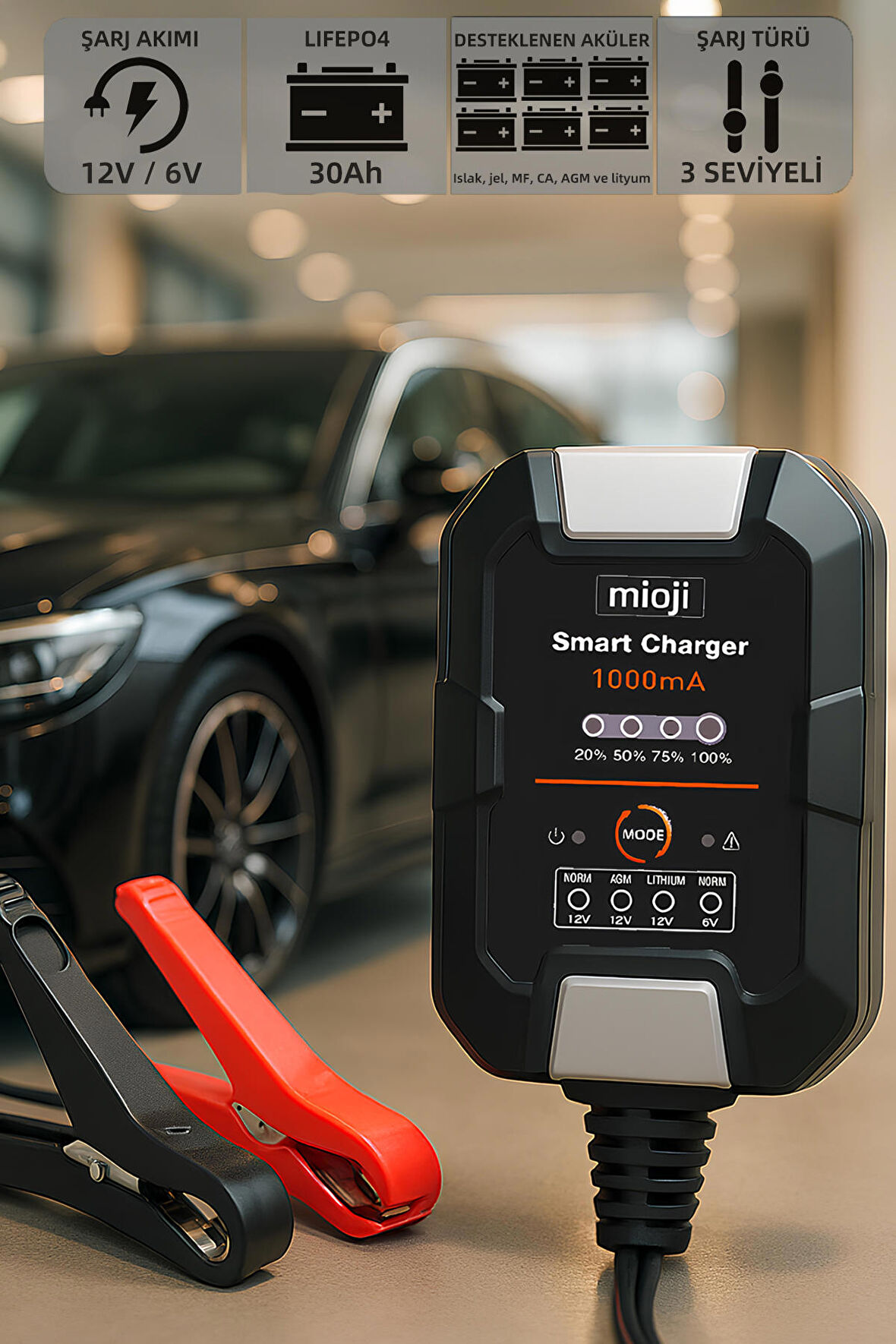 Mioji Mio 1000 1A 6V ve 12V Araba Şarj, Akü Bakım, Damlama Şarj Cihazı ve Motosiklet, ATV, Lityum ve Derin Döngülü Aküler için Kükürt Giderici Akıllı Araç Akü Şarj Cihazı