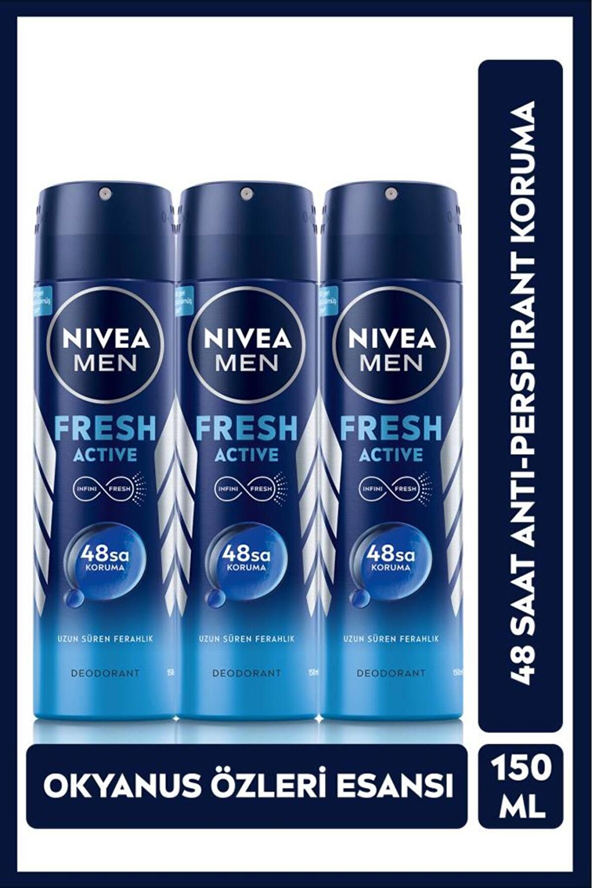 Nivea MEN Erkek Sprey Deodorant Fresh Active,48 Saat Deodorant Koruması, 150ml 3 Adet