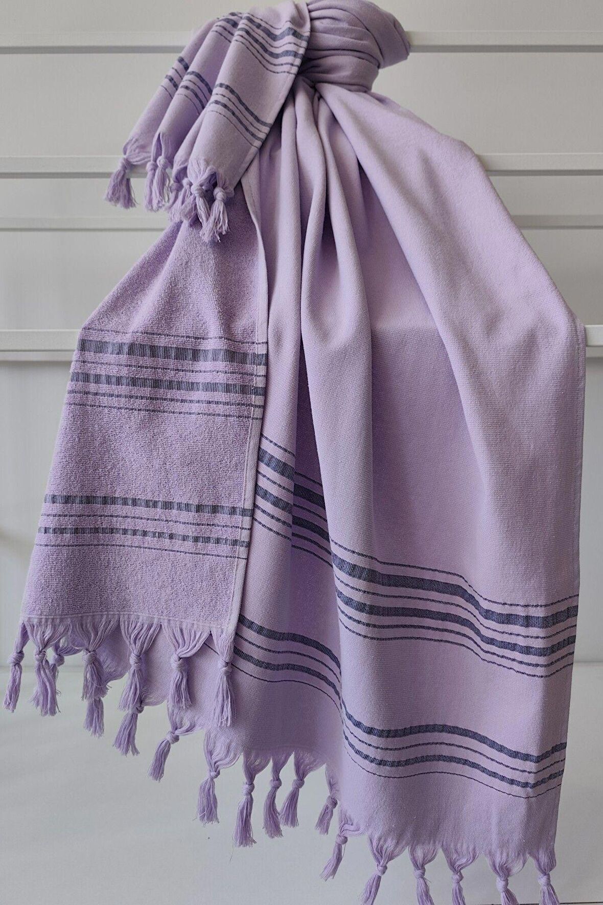 Sevim Lila Çizgili Pamuk Havlu Peştemal 90x170cm - Yumuşak Ve Yüksek Su Emici - %100 Pamuk