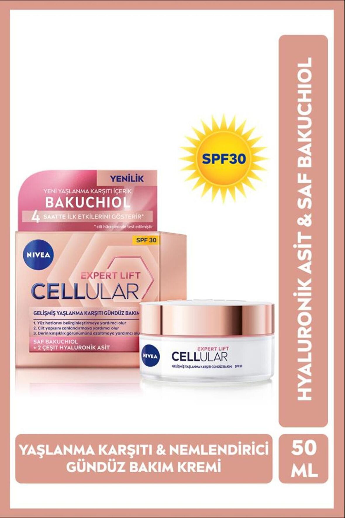 Nivea Cellular Expert Lift Yaşlanma Karşıtı Gündüz Yüz Bakım Kremi 50ml, Spf30, Bakuchiol, Hyaluronik Asit